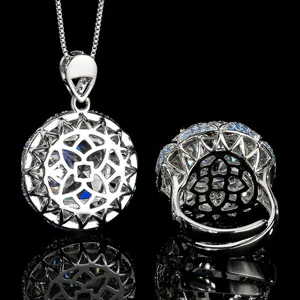 Vintage hollow silver plated sparkling cubic zirconia pendant necklace and ring set