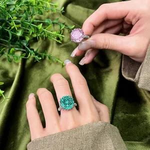 Elegant 14mm flower cut gemstone ring with silver plated micro pave band for women daily wear.
