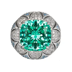 Exquisite cushion cut green gemstone vintage floral halo ring detailed view for women
