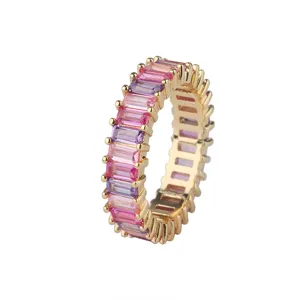 Gold-plated colorful baguette cubic zirconia eternity ring fashion women statement jewelry