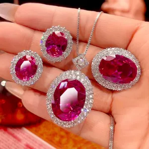 Dragon Fruit Color Corundum Jewelry Set Brass Zirconia Oval Pendant Necklace Ring Stud Earrings For Women Elegant Fashion Jewelry