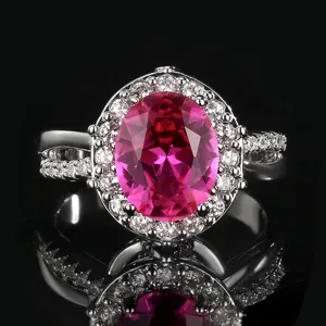 Mujer Lujo Cobre Anillo Ovalado Corindón Sintético Strass Incrustado Abierto Ajustable Anillo de Dedo Joyería de Banquetes