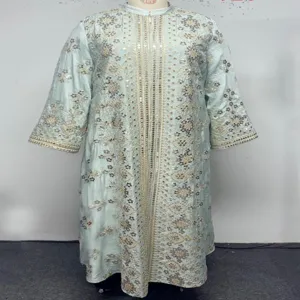 Robe longue femme brodée de sequins lourds col montant manches longues coupe ample