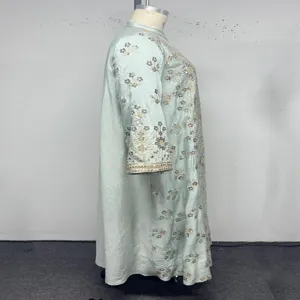 Robe longue vert menthe manches longues brodée de sequins col stand élégant ample maxi robe