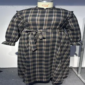 Plus size retro plaid long sleeve stand collar dress featuring waist belt detail