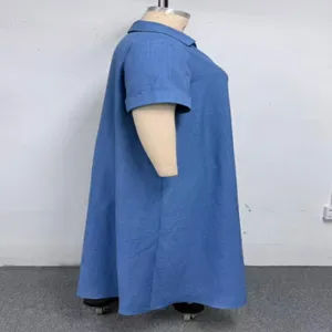 Side view detail of loose blue plus-size lapel short sleeve A-line long dress garment.