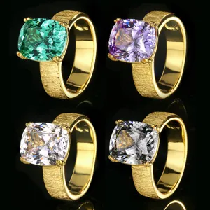 Moderne Bague en Cuivre Plaqué Or Brossé Strass Incrusté Taille Coussin Grande Pierre Bague Bandeau Fermée Chic pour Femme