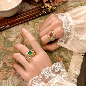Anello vintage smeraldo rubino rame placcato oro donna lusso zircone gioielli eleganti