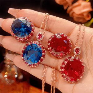 Westlicher Luxus Messing Vergoldet Simulation Roter Blauer Korund Schmuck Zirkonia Eingelegt Oval Anhänger Halskette Ring Damen