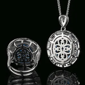 Detailaufnahme des luxuriösen vergoldeten Messing Kettenanhänger und Ring Sets mit blauem Stein.