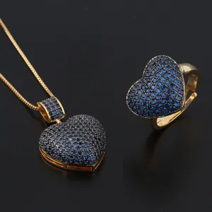 Hartvormige blauwe zirkonia ketting en ring sieraden set hoofdweergave product