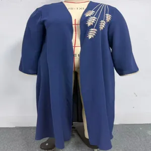 Cardigan long bleu foncé grande taille brodé motif de blé élégant femme vêtement décontracté