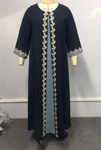 Plus size navy blue long robe with floral embroidery detail, elegant loose fit maxi dress.