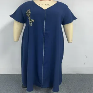Plus size short sleeve V-neck maxi dress with elegant gold embroidery and loose fit design.