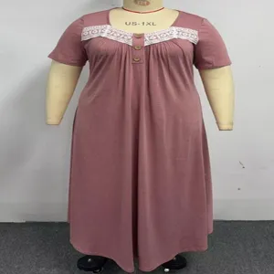 Plus size purple maxi dress detail featuring white lace trim, short sleeves, and buttons.