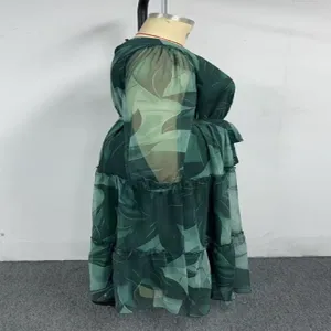 Übergröße grün bedruckt Chiffon Stufenkleid mit Laternenärmeln und Taillenband Damen.