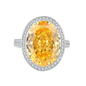 Luxe bague halo ovale pierre jaune 12x16mm avec zircone cubique pavée plaqué or blanc.