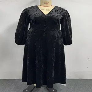 Plus size black velvet long sleeve V-neck midi dress detail, elegant autumn winter vintage style.