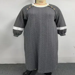 Autumn winter knit long sleeve plus size maxi dress with contrast color crew neck casual loose