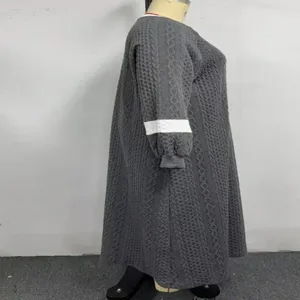 Plus size grey knitted long sleeve maxi dress featuring casual contrast stripe detail
