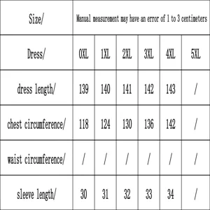 Plus size dress size chart with length, chest and sleeve measurements for 0XL to 5XL options.
