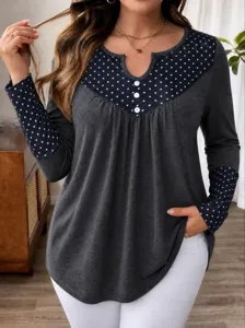 Grande Taille Femmes Automne Pois Épicé Manches Longues Col V Top Bouton Plissé Décontracté Ample Amincissant Pull Blouse