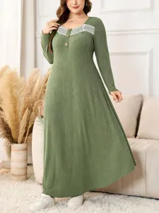 Damen U-Ausschnitt Spitzenbesatz langarm Strick Maxikleid, bequemes Plus Size Herbst Outfit.