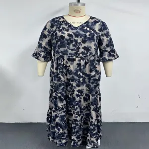 Plus size summer floral midi dress with V-neck, half sleeves, and tiered flowy design.