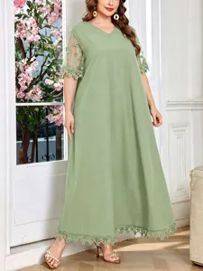 Plus size summer V-neck lace trim short sleeve casual loose maxi dress for women light green