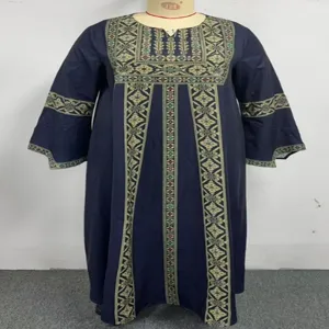 Plus size dark blue ethnic print long robe with bell sleeves, elegant banquet dress.