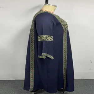 Plus size dark blue ethnic print long robe loose trumpet sleeve long banquet gown dress.