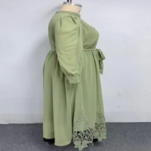 Green plus size long dress lace bubble sleeve waist tie elegant side detail view