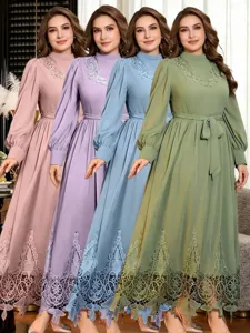 Plus Size Women's Autumn Long Sleeve Stand Collar Lace Patchwork Drawstring Waist Loose Maxi Dress Elegant Commuter Casual Dress