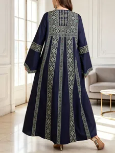 Navy blue plus size ethnic print long robe with relaxed fit and bell sleeves for evening party.
