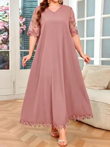 Plus Size Women Summer V-Neck Lace Trim Short Sleeve Loose Vacation Casual Long Maxi Dress Solid Color