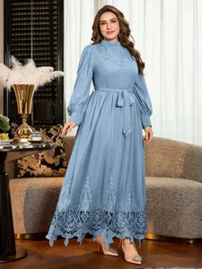Plus size long sleeve light blue maxi dress with elegant lace trim, high neck and belt.
