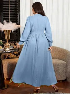 Plus size long sleeve stand collar puff sleeve waist tie casual dress for women, back view detail