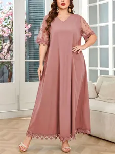 Plus size summer V-neck lace short sleeve casual maxi dress detail view for women.