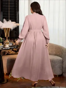 Plus size autumn long sleeve maxi dress with stand collar and tie waist for women.