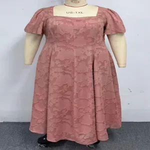 Jacquard floral pattern detail, square neckline and short sleeves of the plus size dress.