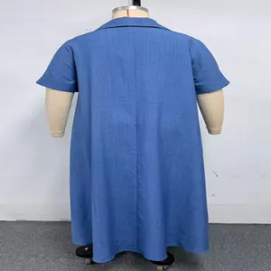 Plus size blue button-down lapel short sleeve casual A-line long maxi dress for women.