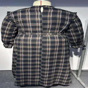 Plus size vintage plaid long sleeve dress with stand collar and waist belt for women.