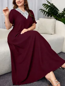 Plus size summer lace v-neck short sleeve textured long casual dress for women daily