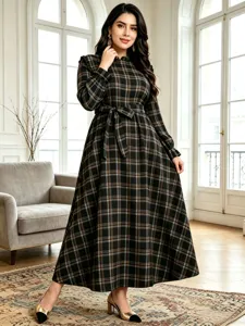 Plus-size vintage plaid long sleeve maxi dress with stand collar and waist-tie detail.