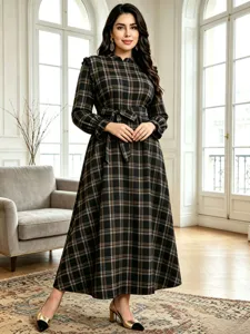 Plus Size Autumn Winter Vintage Plaid Stand Collar Long Sleeve Dress Women Elegant Casual Lace-Up Waist Slimming Maxi Dress