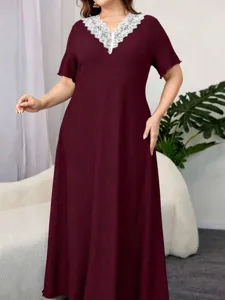 Plus size summer lace V-neck short sleeve textured long dress, elegant detail view.