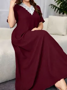 Plus Size Summer Lace V-Neck Short Sleeve Textured Long Maxi Dress Loose Casual Elegant Women Daily Dress
