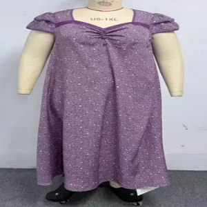 Plus size purple floral square neck bubble sleeve long dress for women summer chic casual
