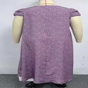 Plus size purple floral square neck dress back view showing loose long fit and short sleeves.