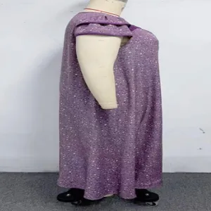 Plus size purple floral long dress side view detail, showcasing short sleeve and floral pattern.